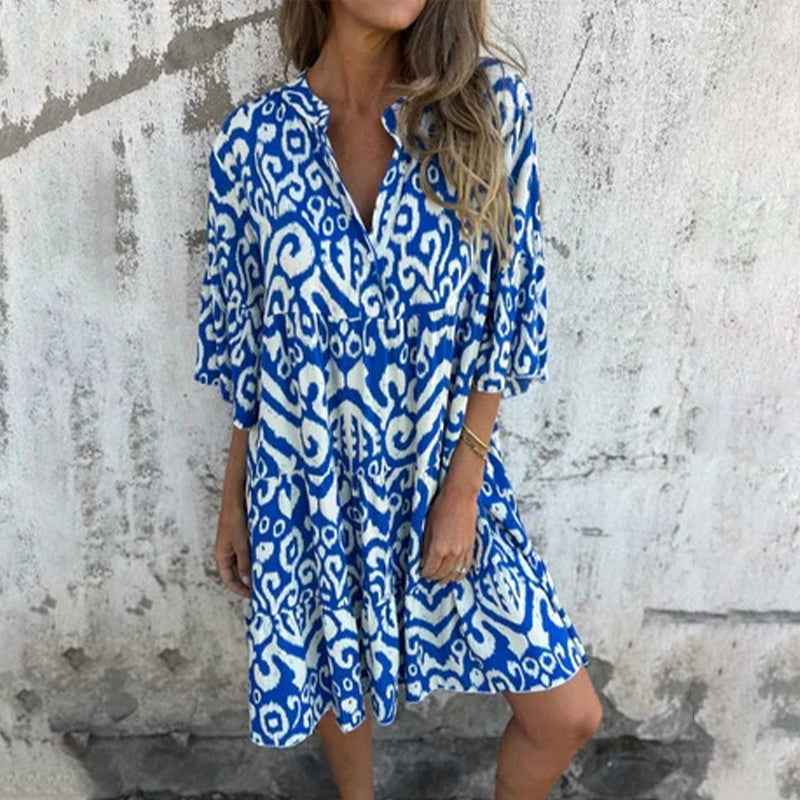 Cersei | Women's Printed V-Neck Midi Dress - Blue - Image 1