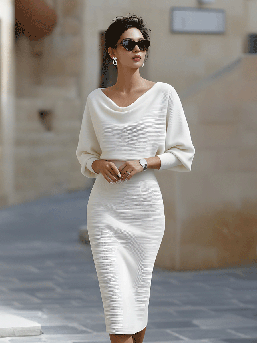 Claris | Women's Cowl Neck Long Sleeve Midi Dress - White - Image 1