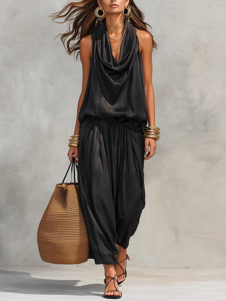 Clarissa | Women's Cowl Neck Sleeveless Wide Leg Set - Black - Image 1