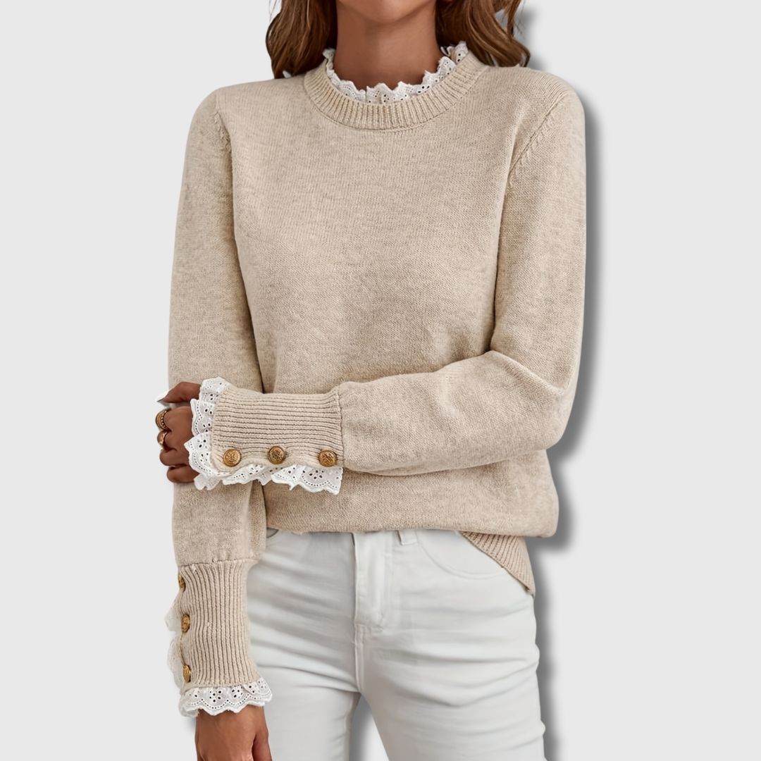Clarissa | Women's Lace Trim Long Sleeve Sweater - Beige - Image 1