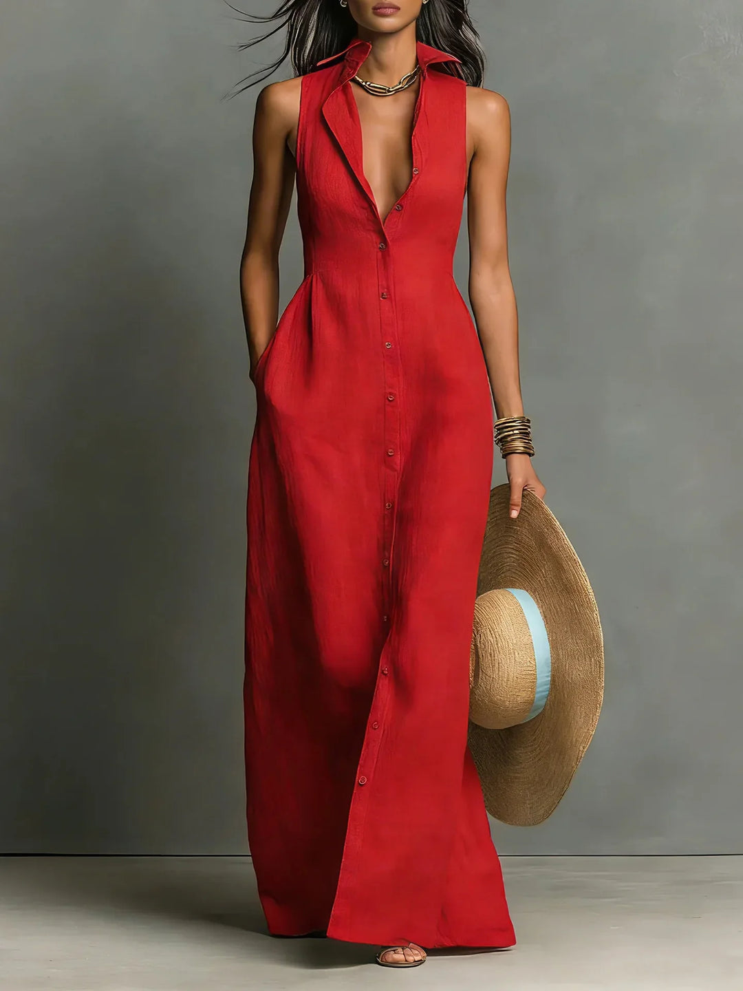 Clementine | Women's Sleeveless Button Front Maxi Dress - Red - Image 1