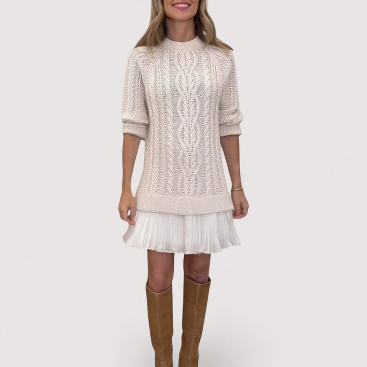 Clover | Damen Mini-Kleid mit Stehkragen und Zopfmuster - Beige - Bild 1