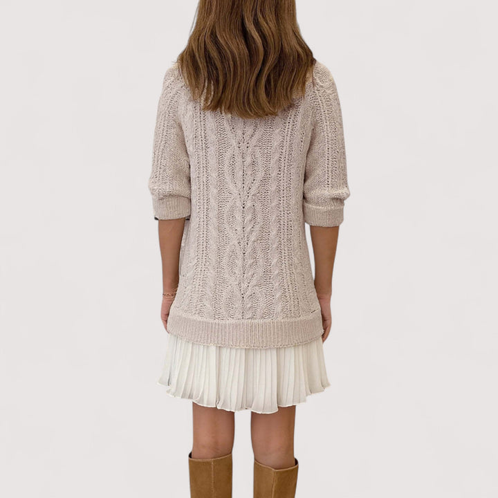 Clover | Damen Mini-Kleid mit Stehkragen und Zopfmuster - Beige - Bild 6