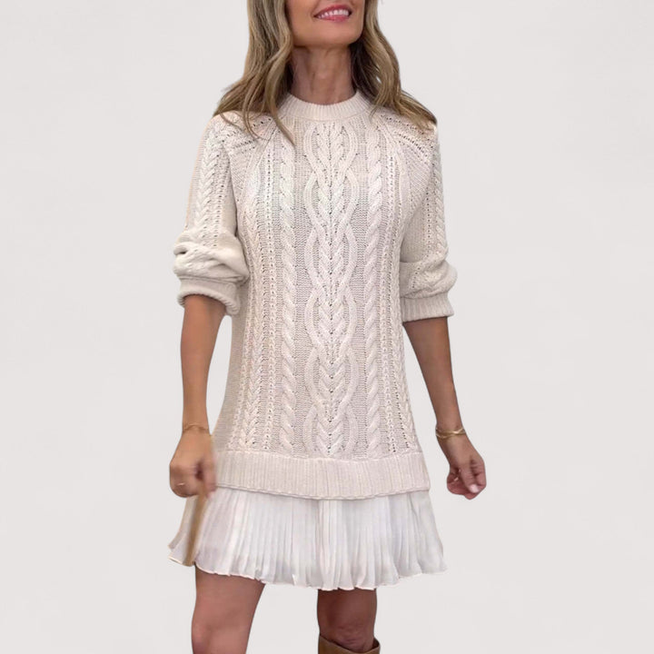 Clover | Damen Mini-Kleid mit Stehkragen und Zopfmuster – Beige – Bild 7