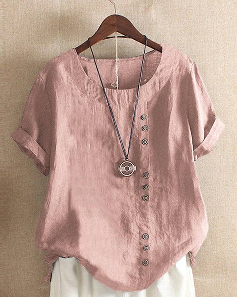 Constance | Damen-Top mit Knopfleiste, Rundhalsausschnitt und kurzen Ärmeln – Pink – Bild 1