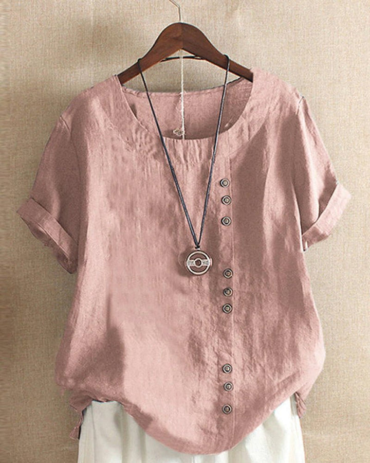 Constance | Damen-Top mit Knopfleiste, Rundhalsausschnitt und kurzen Ärmeln – Pink – Bild 1