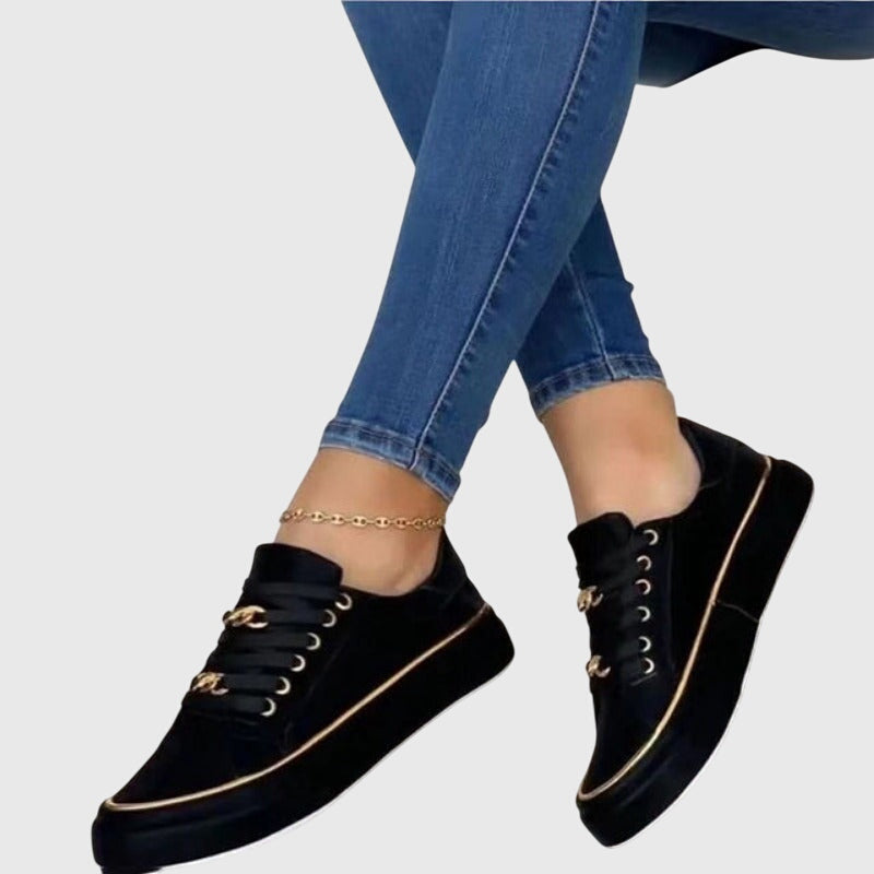 Cora | Women's Lace Up Black Trainers - Black - Image 1