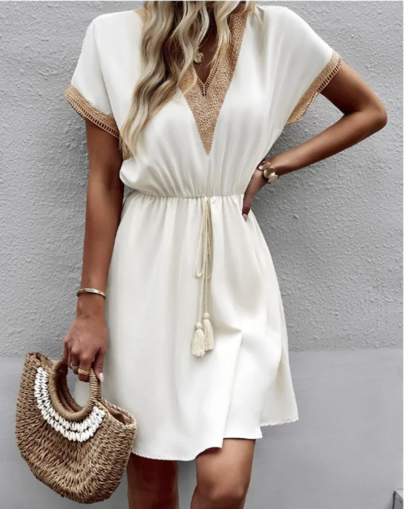 Coralline | Women's V Neck Short Sleeve Mini Dress - White - Image 1