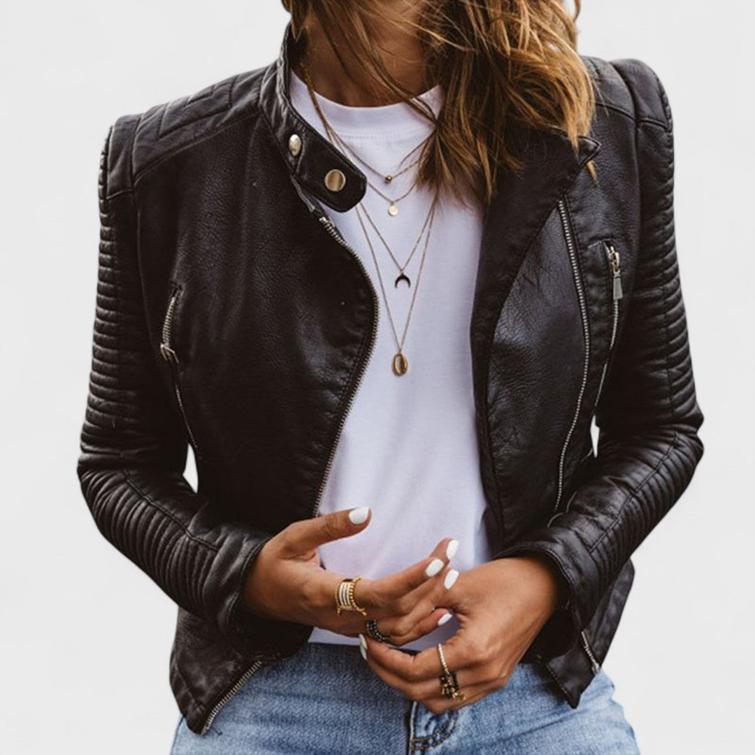 Cordaminta | Women's Quilted Biker Jacket - Black - Image 1