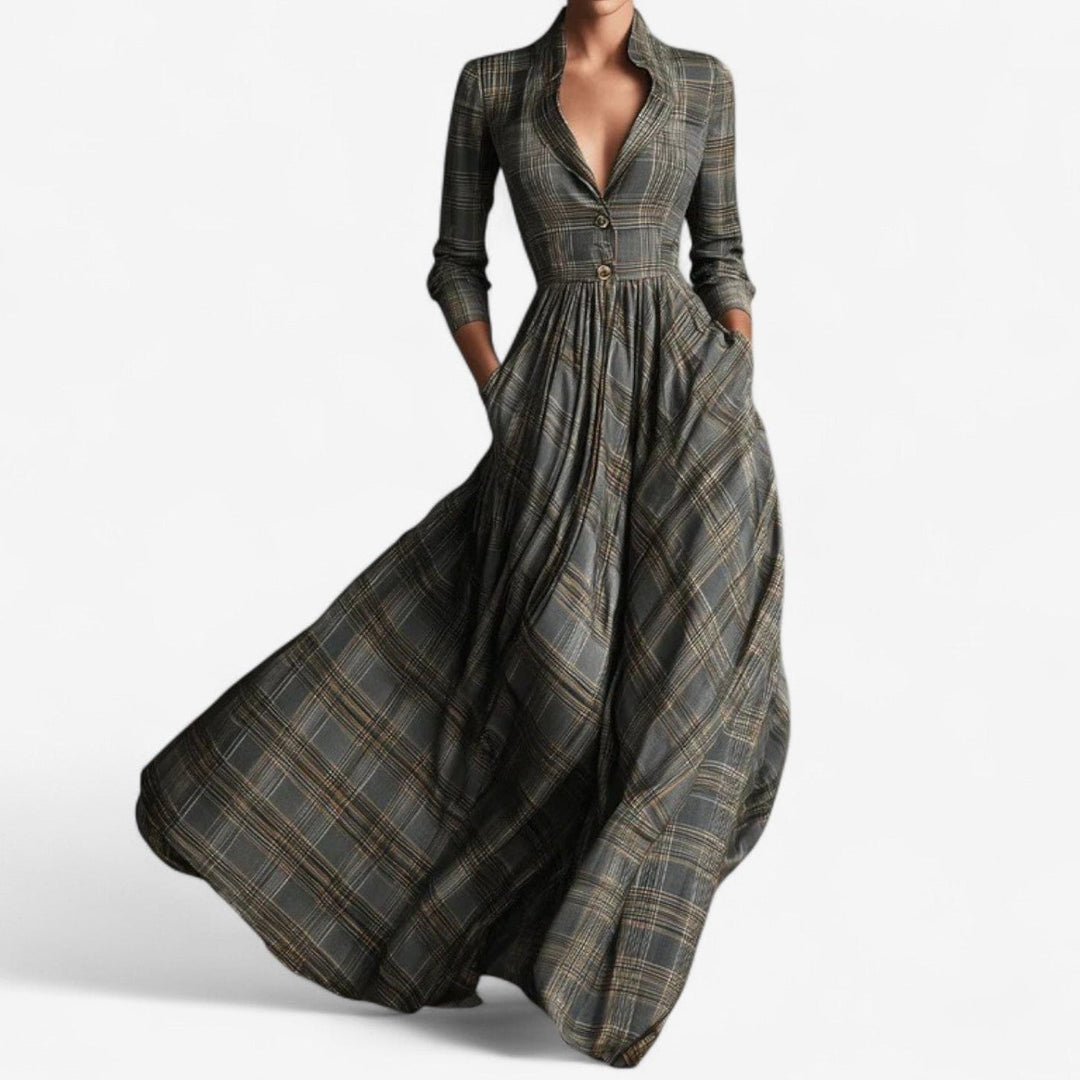 Cordantine | Women's Checkered Long Sleeve Maxi Dress - Grey - Image 1