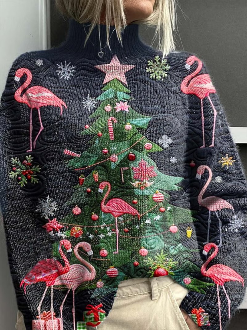 Cordelia | Women's Christmas Flamingo Mock Neck Jumper - Dark Grey - Image 1