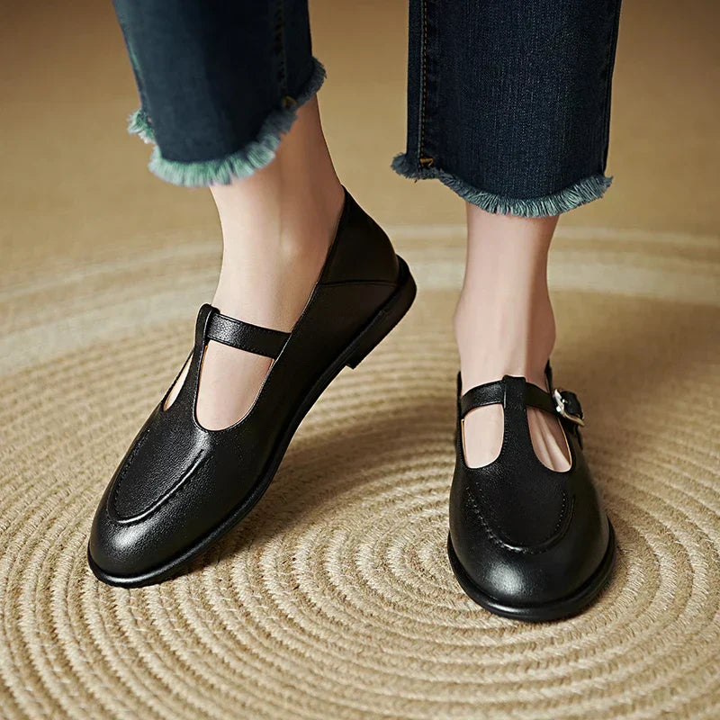 Cordelia | Women's T-Strap Mary Jane Flat - Black - Image 1