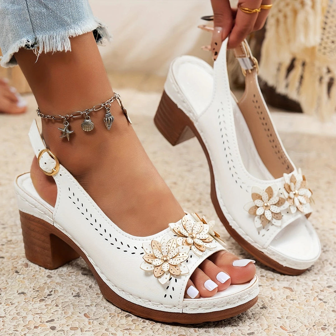 Cordella | Women's Block Heel Floral Embellished Sandals - White - Image 1