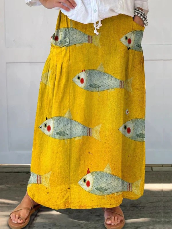 Cordesia | Women's Fish Print Elastic Waist Maxi Skirt - Yellow - Image 1