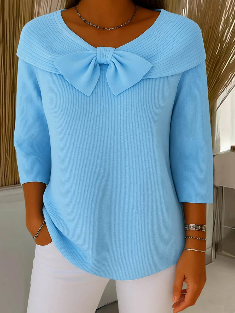 Cordette | Women's Bow Detail Ribbed Sweater - Light Blue - Image 1