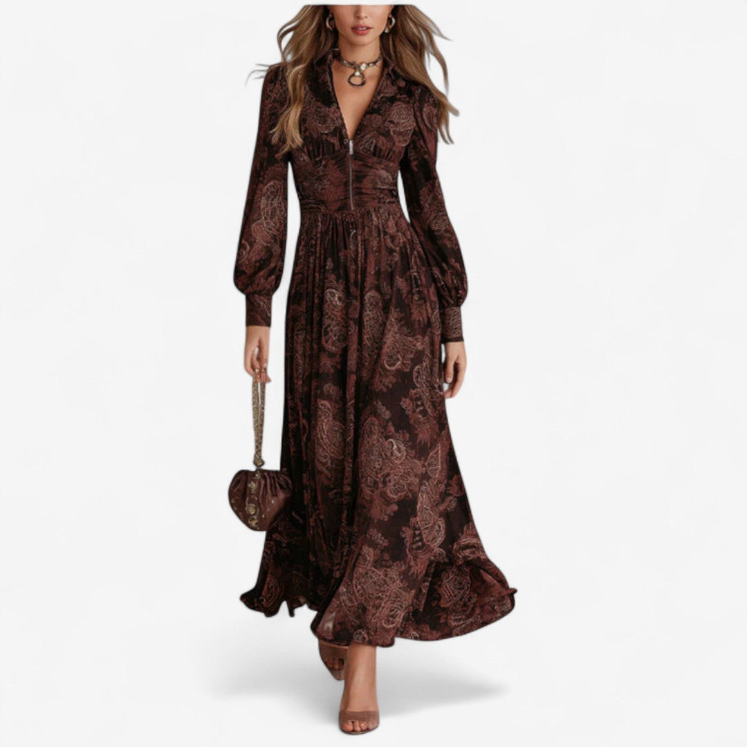 Cordivina | Women's Paisley Print V Neck Maxi Dress - Brown - Image 1