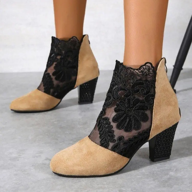Cordothea | Women's Block Heel Lace Mesh Ankle Boots - Beige - Image 1