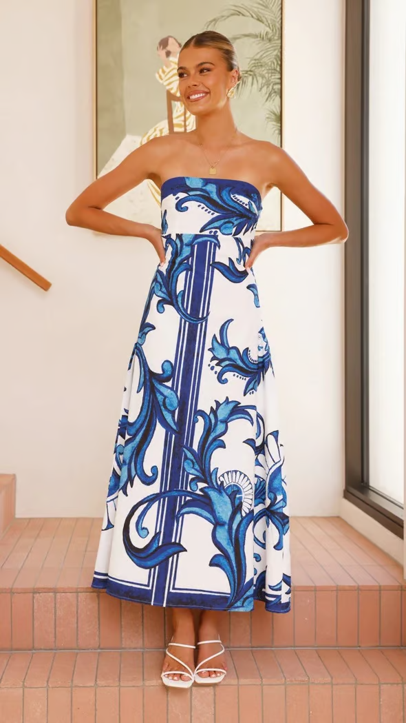 Cordula | Women's Strapless Printed Maxi Dress - Blue - Image 1