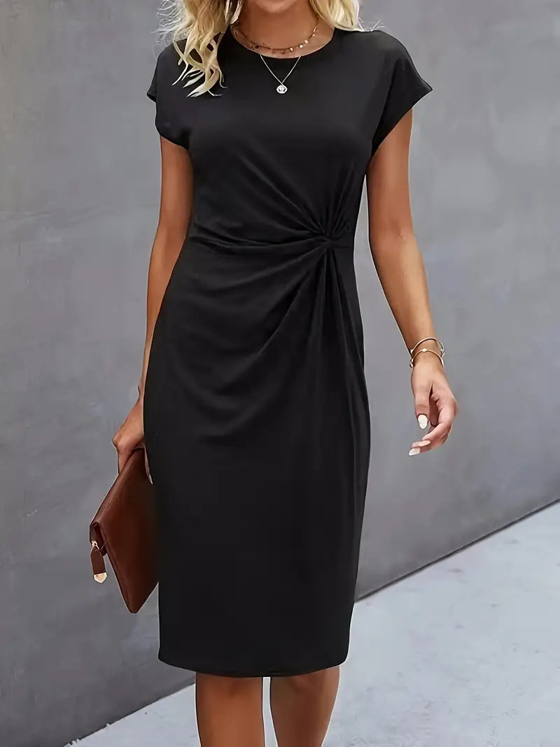 Cordula | Damen Midi-Kleid mit gedrehtem Vorderteil und kurzen Ärmeln – Schwarz – Bild 1