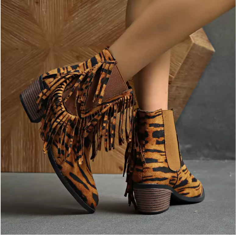 Cordulana | Women's Leopard Print Fringe Ankle Boots - Brown - Image 1
