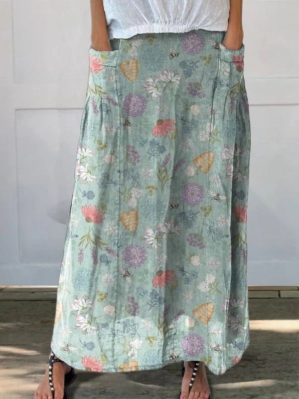 Cordwenna | Women's Floral Pocket Midi Skirt - Green - Image 1