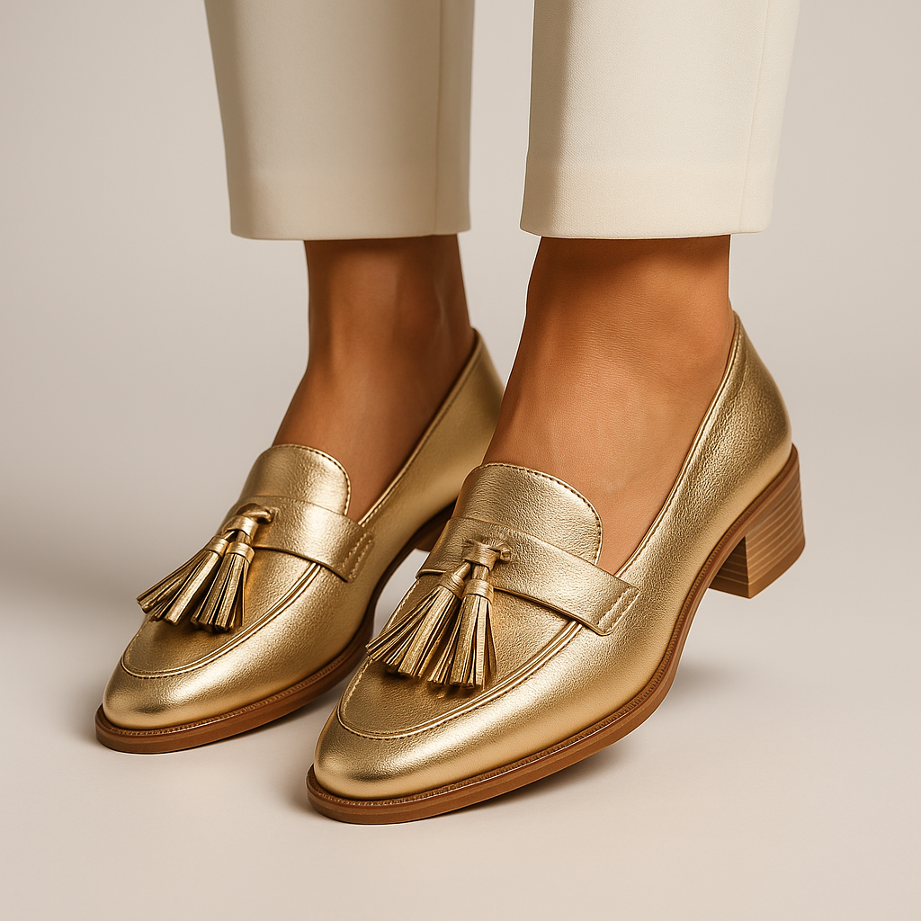 Cordwilla | Women's Gold Tassel Block Heel Loafers - Gold - Image 1