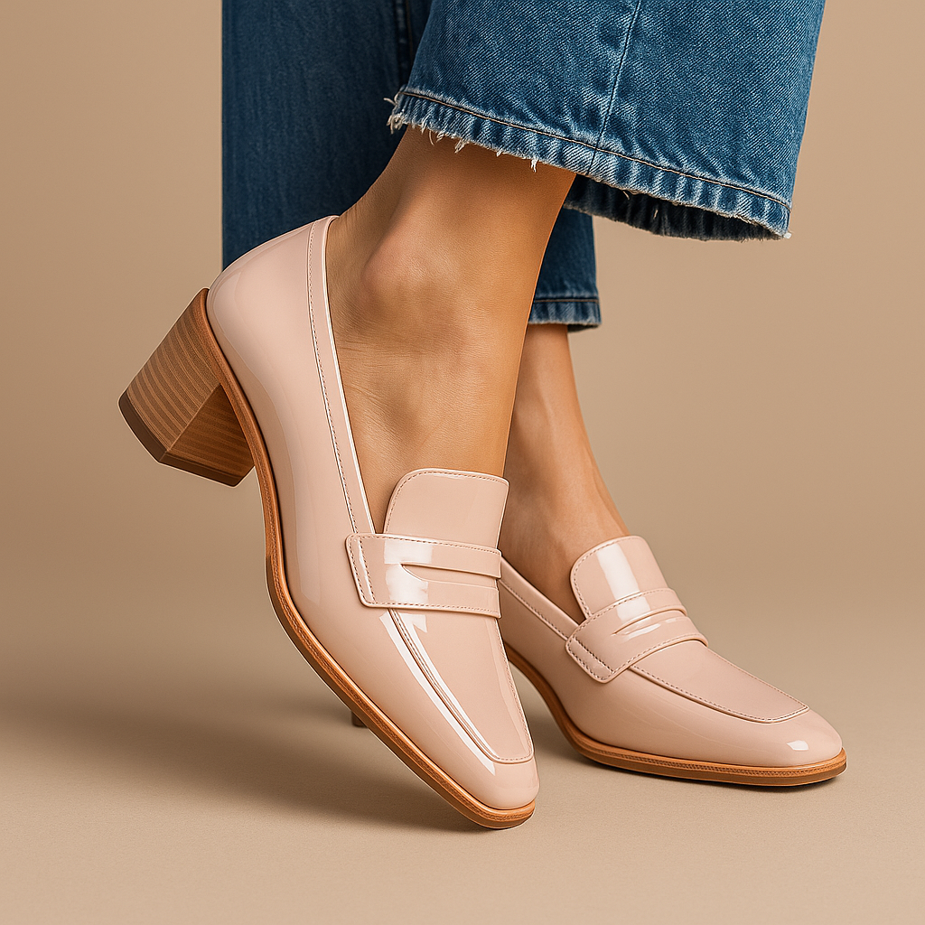 Cordwinna | Women's Block Heel Penny Loafers - Beige - Image 1