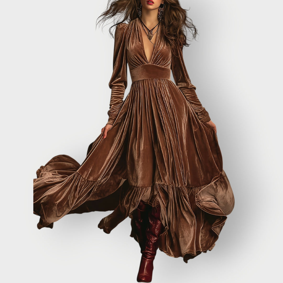 Cordwyn | Women's V-Neck Long Sleeve Maxi Dress - Brown - Image 1
