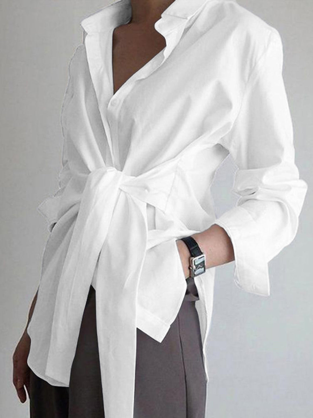 Cynthia | Women's Button Down Tie Waist White Blouse - White - Image 1