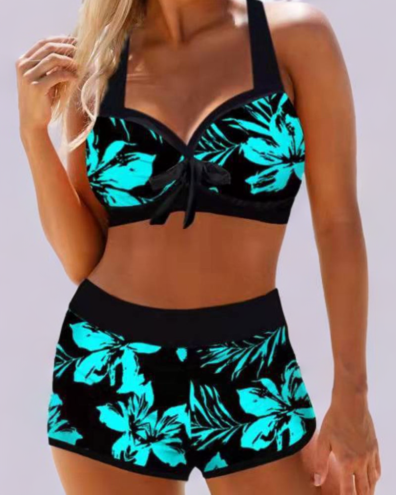 Dahlia | Women's High Waist Floral Bikini Set - Teal - Image 1