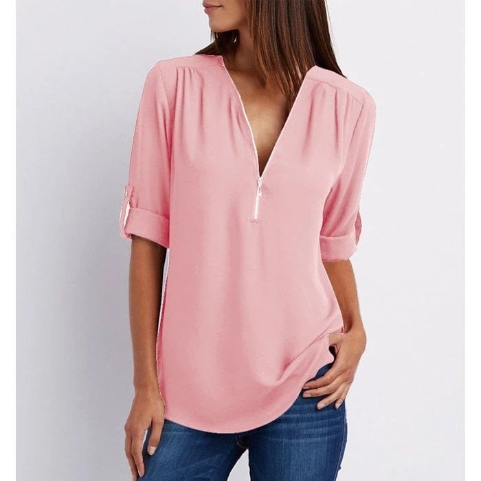 Delara | Women's Zip Front V Neck Blouse - Pink - Image 1