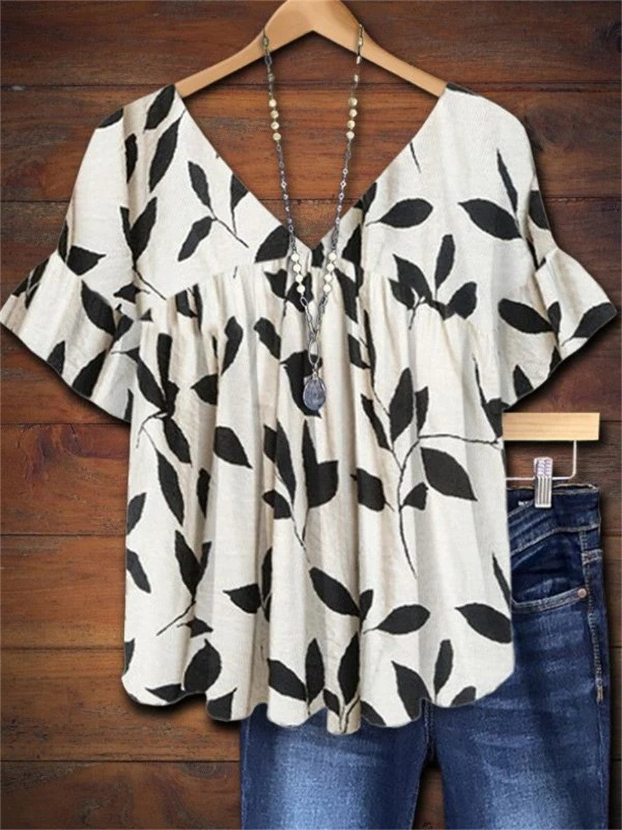 Delia | Women's Leaf Print V-Neck Ruffle Sleeve Blouse - White - Image 1