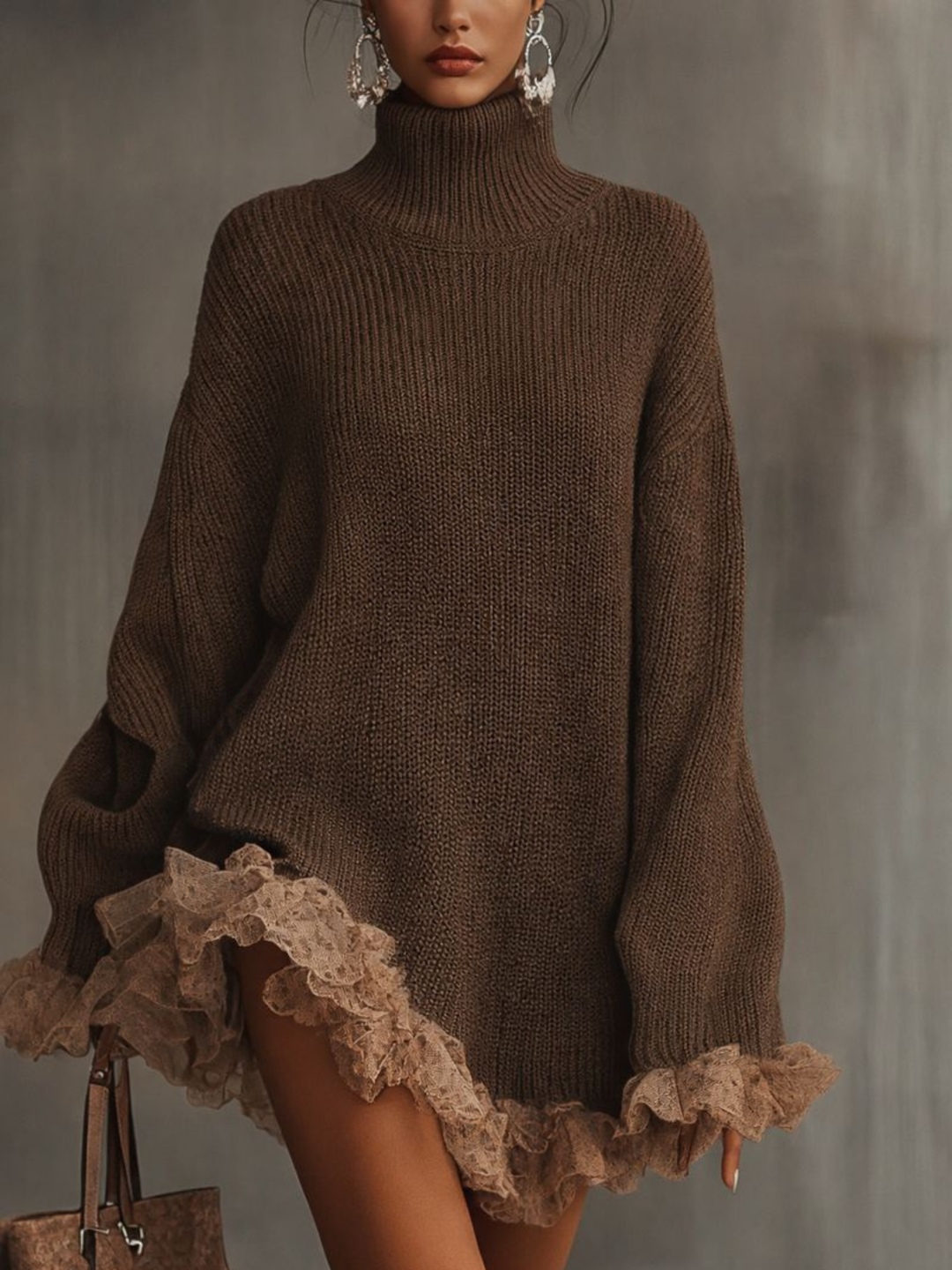 Delphia | Women's Mock Neck Long Sleeve Midi Dress - Brown - Image 1