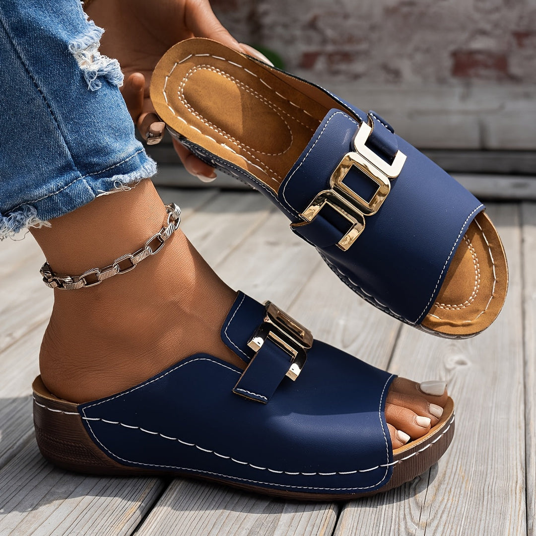 Delphina | Women's Buckle Platform Sandals - Navy - Image 1