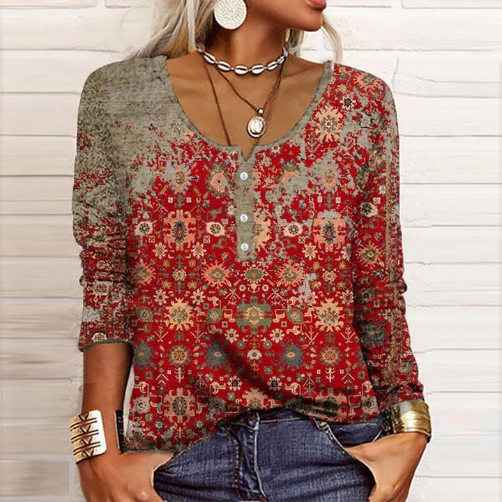 Delphina | Women's V-Neck Henley Long Sleeve Top - Red - Image 1