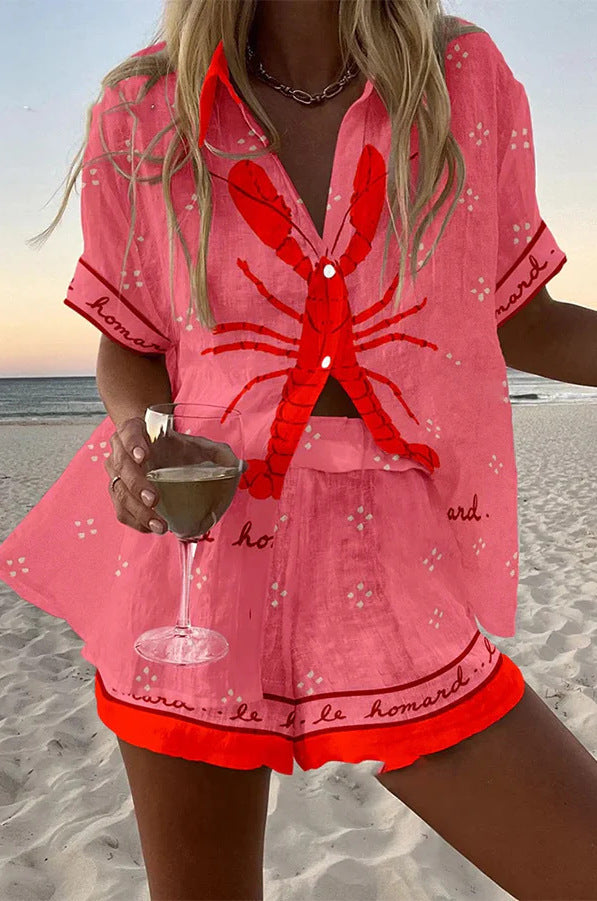 Delphinia | Women's Lobster Print Short Sleeve Set - Pink - Image 1