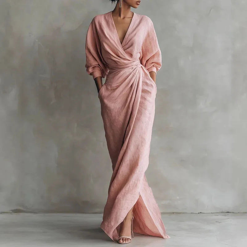Delphinia | Women's V-Neck Long Sleeve Maxi Dress - Pink - Image 1