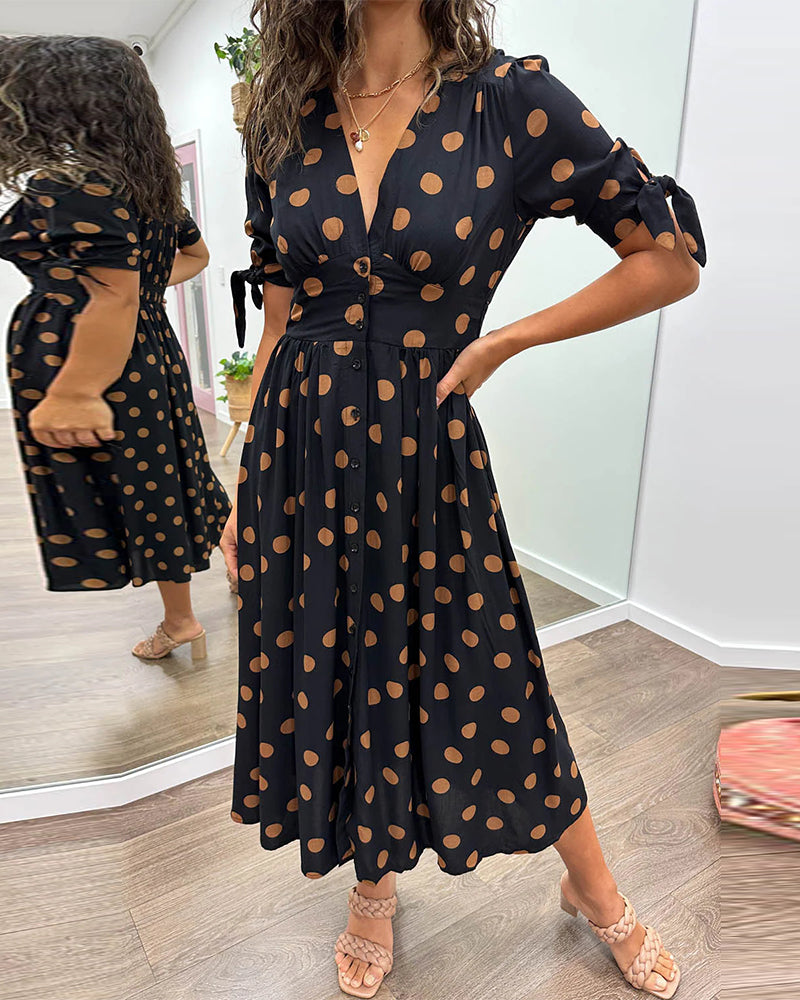 Dorothea | Women's Polka Dot V-Neck Midi Dress - Navy - Image 1