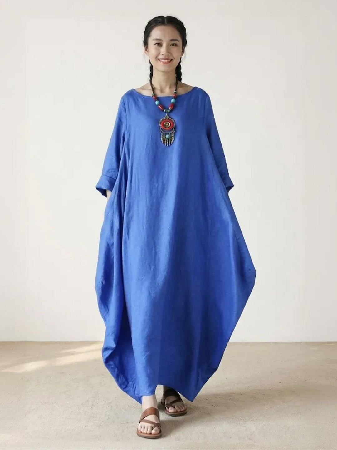 Drusilla | Damen Oversize Boho Maxikleid mit 3/4-Ärmeln - Blau - Bild 1