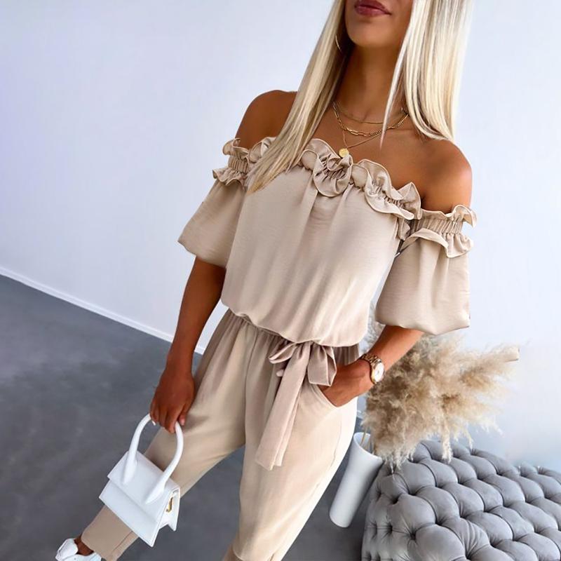 Edwina | Women's Off Shoulder Jumpsuit - Beige - Image 1