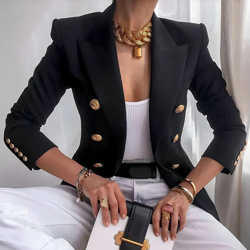 Eleanora | Women's Double Breasted Gold Button Blazer - Black - Image 1