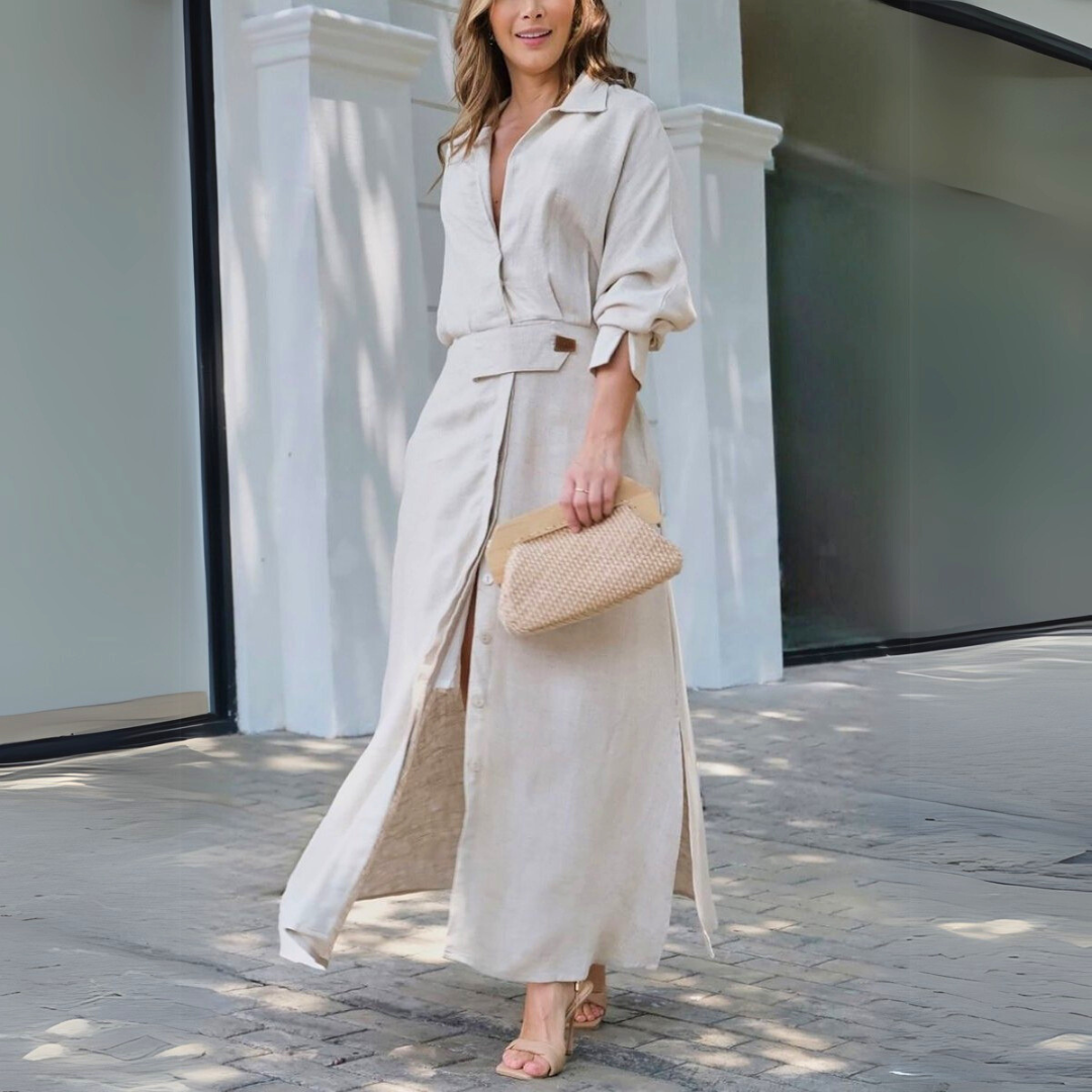 Elinor | Women's Collared Button Down Maxi Dress - Beige - Image 1