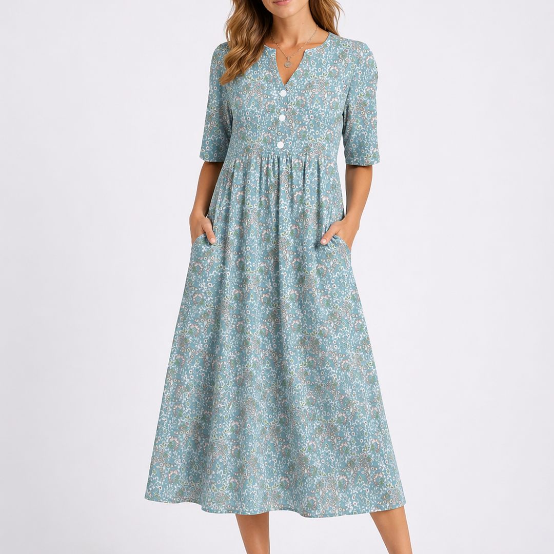Elowen | Women's Floral V-Neck Midi Dress - Floral - Image 1