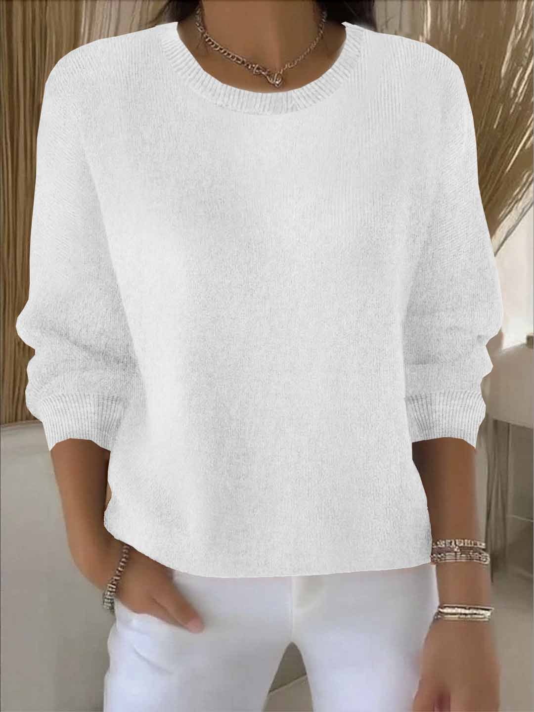 Elysia | Women's Round Neck Long Sleeve Sweater - White - Image 1