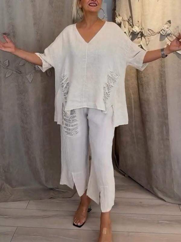 Elysia | Women's White V-Neck Top Wide Leg Pants Set - White - Image 1