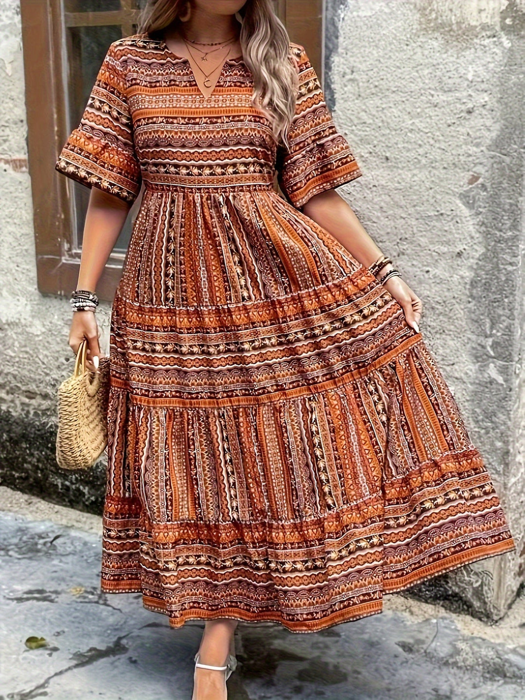 Elysta | Damen bedrucktes Maxi-Kleid mit V-Ausschnitt - Grün - Bild 3
