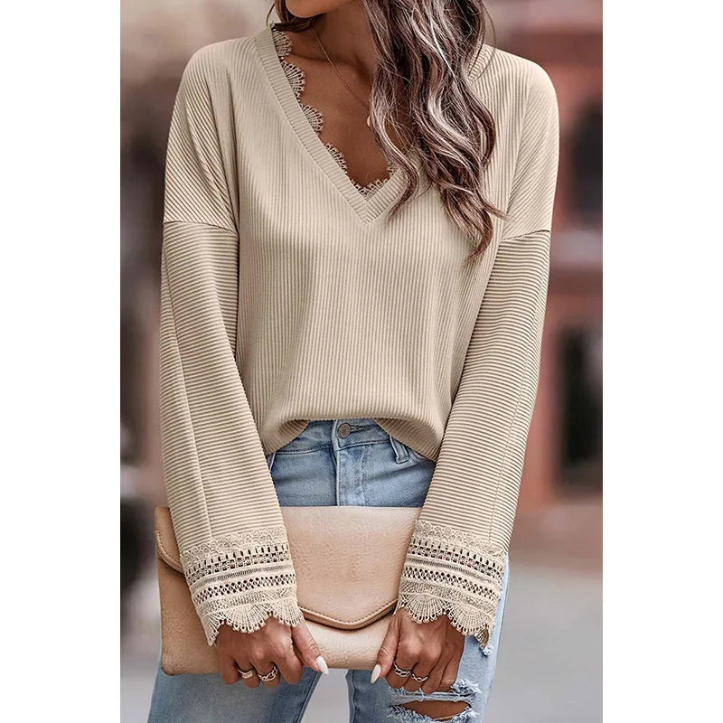 Emeline | Women's V-Neck Long Sleeve Ribbed Sweater - Champagne - Image 1