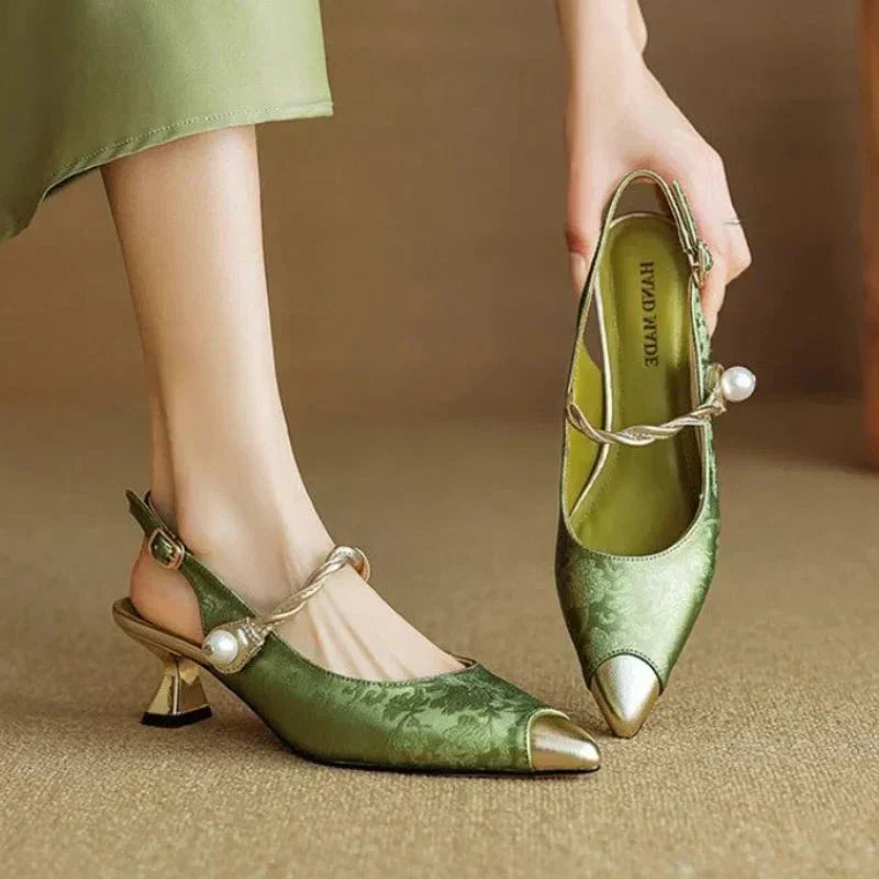 Emmeline | Women's Pearl Strap Slingback Kitten Heels - Green - Image 1