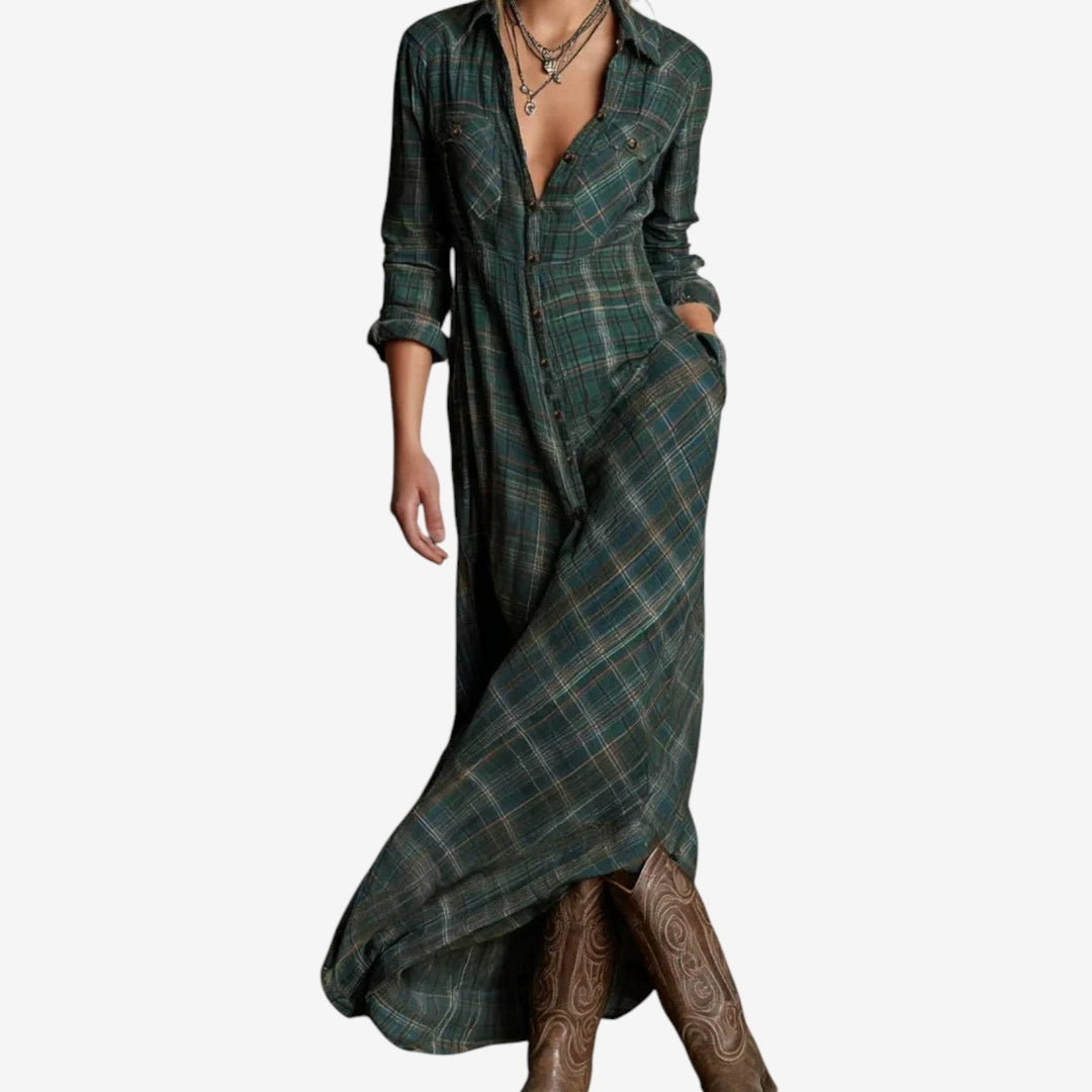 Enid | Women's Tartan Check Long Sleeve Shirt Dress - Green - Image 1