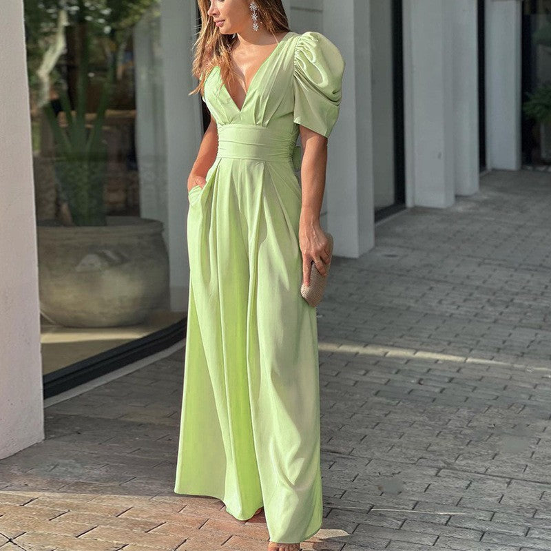 Epiphany | Women's V-Neck Puff Sleeve Wide Leg Jumpsuit - Green - Image 1